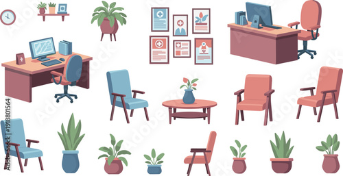 Office interior furniture and workplace elements vector set with desk computer chairs plants wall frames and decor objects collection.