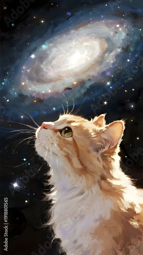 A curious cat gazes upward at a swirling galaxy in the night sky, as if dreaming beyond the stars.