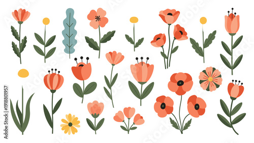 A delightful collection of flat-style floral illustrations featuring various orange and yellow flowers with green leaves, perfect for spring and summer designs.