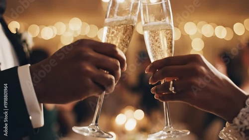 Celebrating a wedding toast with champagne glasses held high in a romantic setting, ready for the perfect moment