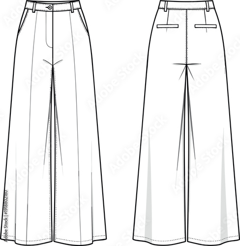 Women's wide leg trousers technical drawing vector flat sketch, high waist palazzo pants front and back fashion design template illustration.