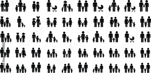 Silhouettes of diverse family structures, couples, single parents, same‑sex families, children, strollers, inclusive representation, modern family dynamics, vector illustration design