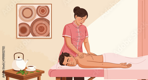 Massage therapist giving relaxing treatment to client on pink massage table in spa