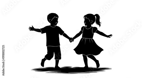 A boy and girl hold hands, dancing together outdoors in a silhouette.