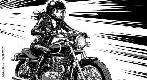 A woman wearing a helmet rides a motorcycle swiftly down a road.