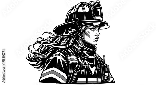Firefighter woman wearing helmet and uniform stands ready for action
