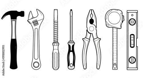 A collection of tools including a hammer, wrench, screwdriver, pliers, and level.