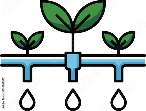 Stylized of a horizontal irrigation pipe with multiple outlets releasing water onto growing plants