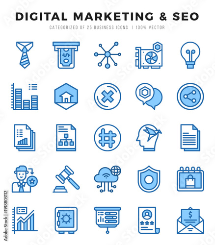 Vector Digital Marketing & SEO types icon set in Two Color style. vector illustration.