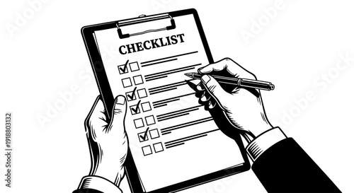 Person holding clipboard with checklist and writing on it with pen