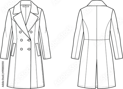 Women double breasted coat technical fashion drawing, front and back view long trench jacket outline vector illustration