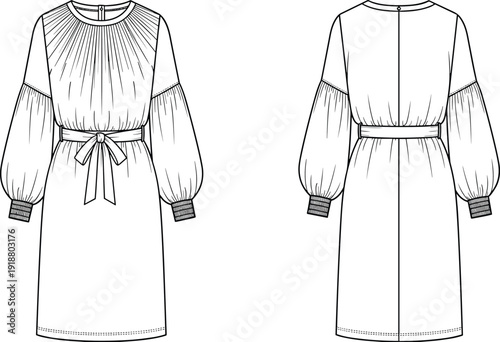 Women long sleeve midi dress technical fashion drawing, belted waist pleated top front and back view outline vector