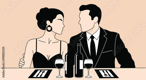 Romantic evening scene of a couple sitting at a table with wine glasses
