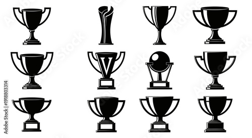Trophies and awards on display in a row for a competition event
