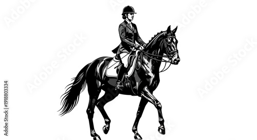 A rider in a suit rides a horse during an equestrian event outdoors.