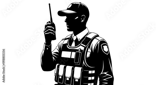 Security guard wearing uniform and vest holds radio device