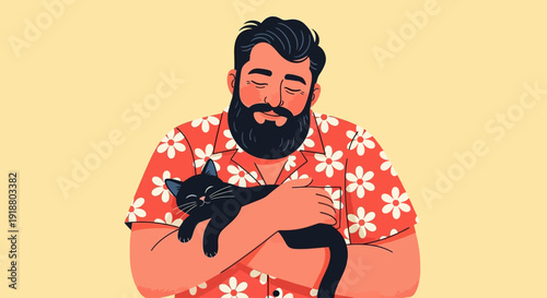 Man holding black cat in arms with closed eyes indoors