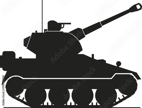 Military tank silhouette vector illustration, black armored vehicle with cannon isolated on white background, modern army warfare equipment graphic for defense, combat, and security themes