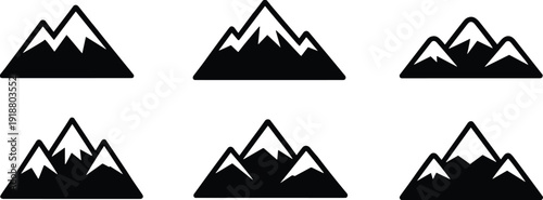 Mountain icon set vector illustration, black alpine peak silhouettes isolated on white background, minimalist nature landscape symbols for logo design, branding, and outdoor themes