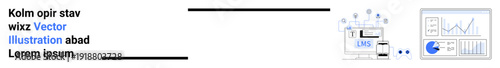 Digital analytics dashboard, file sharing, and SMS notification icons represent tech collaboration. Ideal for business, marketing, messaging, communication, data analysis, tech apps simple landing