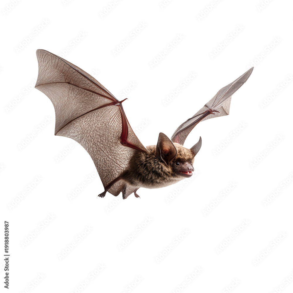 Obraz premium A brown bat gracefully flies with its wide wings fully extended against a stark transparent background. Its furry body, large ears, and delicate wing membranes are clearly visible as it navigates the 