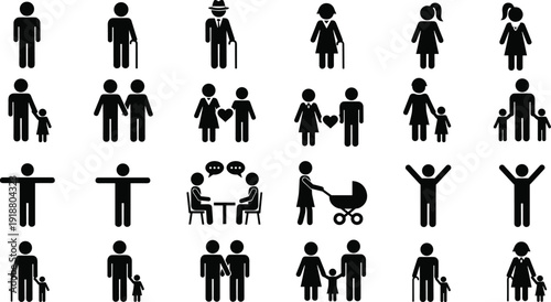 Silhouettes of families, couples, children, strollers, joyful poses, inclusive icons illustration, social interaction figures design concept art
