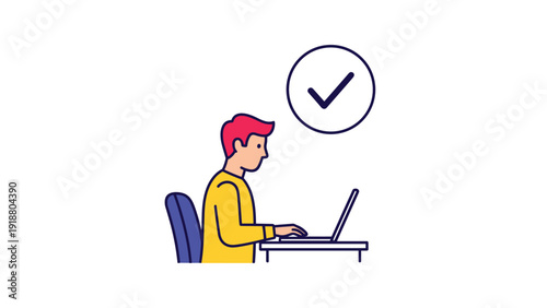 A simple colored cartoon illustration of a person working on a laptop at a desk, with a checkmark in a circle nearby, indicating a completed task or success.