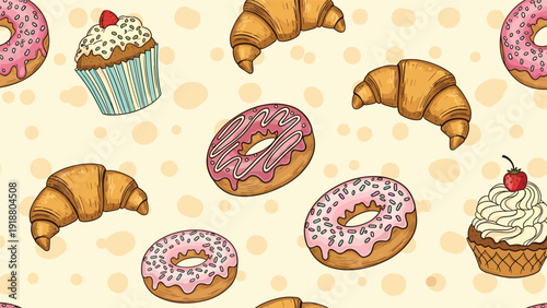 A sweet and delicious seamless pattern of hand-drawn donuts, croissants, and cupcakes on a pale yellow background with polka dots, perfect for a bakery theme.