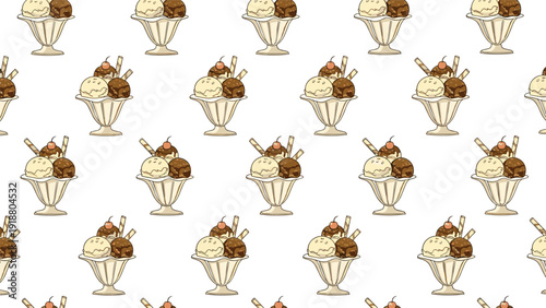 An elegant seamless pattern of hand-drawn ice cream sundaes in vintage glass bowls on a clean white background, creating a classic dessert-themed wallpaper.