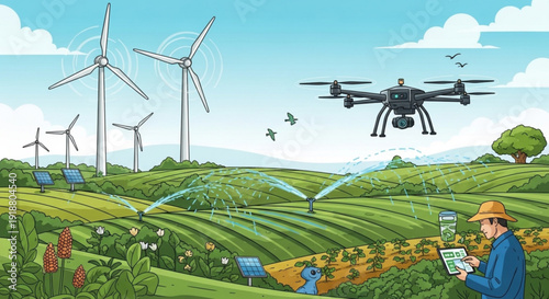 Sustainable farming with drone technology and wind turbines in a green landscape