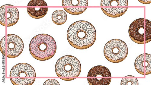 A fun and modern background design featuring scattered cartoon donuts with a pink rectangular frame for text, perfect for a party invitation or poster.
