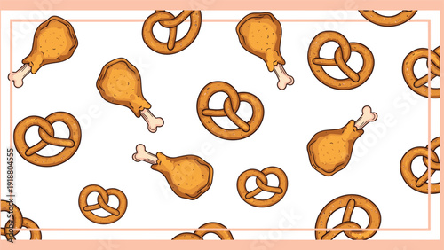A playful background design with a pattern of fried chicken drumsticks and pretzels inside a thin pink border, offering a fun frame for text or images.