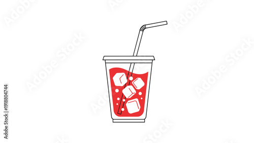 A simple and minimalist illustration of a red soda in a clear plastic takeaway cup with ice cubes and a straw, representing a cold, refreshing beverage.