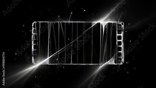 Vintage Scratched Film Strip Frame Overlay with Glowing Light Flares and Dust