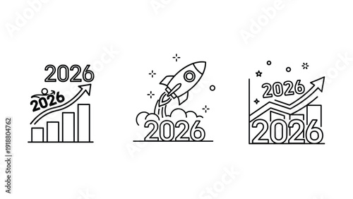 A set of three line art icons representing growth and startup concepts for the year 2026, including a rising chart, a launching rocket, and a progress graph.