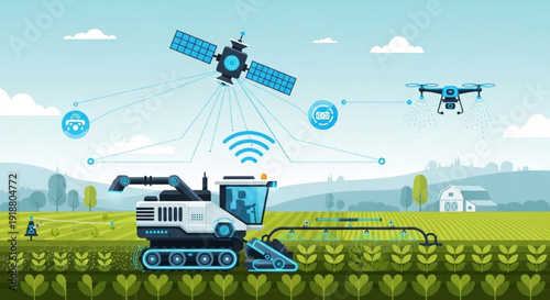 Precision agriculture technology with satellite drone and tractor in a field for smart farming and connectivity