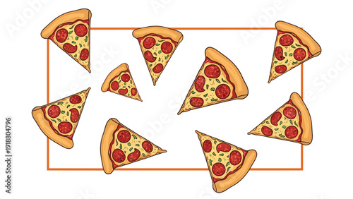 A fun background design featuring slices of pepperoni pizza scattered within a thin orange rectangular frame, with blank white space for text or other elements.