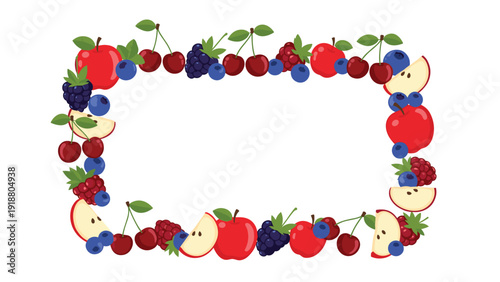 A fresh and healthy rectangular frame composed of various colorful fruits, including apples, cherries, blueberries, and raspberries, on a white background.