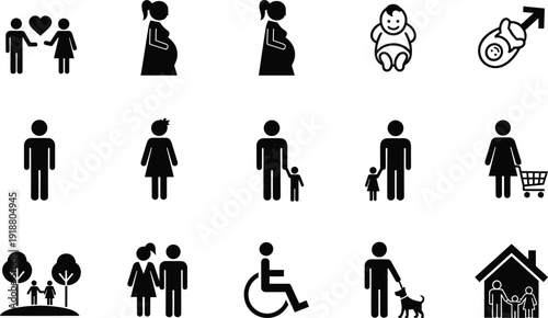 Silhouettes of human life stages, love, pregnancy, family, childcare, disability, pets, inclusive icons illustration, lifestyle figures design concept
