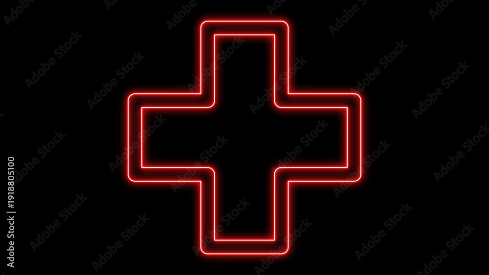 Obraz premium A vibrant red neon cross plus sign icon, glowing with a futuristic and modern aesthetic, symbolizing medical care, first aid, and emergency services, isolated on black background.