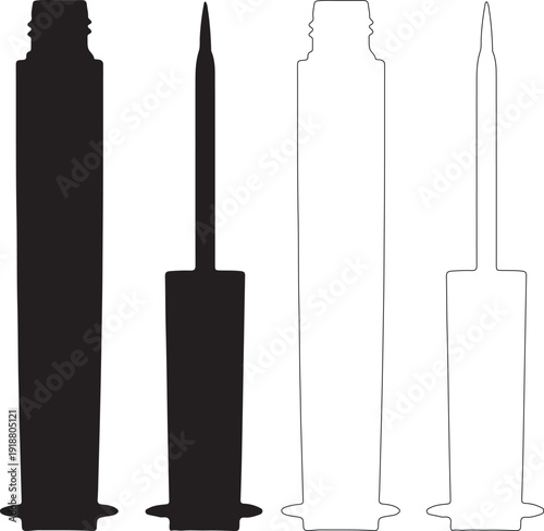 Cosmetic Eyeliner Mascara Bottle and Applicator Black Silhouette and Outline Vector Illustration isolated PNG with Transparent Background