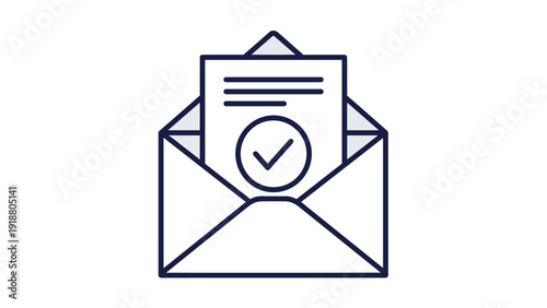 Outline icon of an open envelope containing a document with text and a check mark, symbolizing approval or a verified message.
