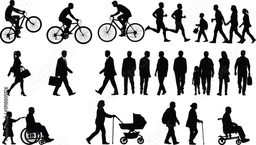 Silhouettes of people in grid, cycling, walking, running, families, strollers, wheelchair, elderly with canes, diverse mobility, vector illustration design