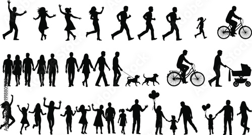 Silhouettes of people in grid, dancing, cycling, walking, families, strollers, balloons, joyful interactions, diverse activities, vector illustration design