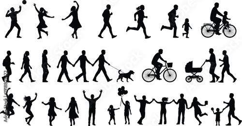 Silhouettes of people in grid, walking, running, cycling, dancing, strollers, balloons, dogs, diverse social activities, everyday interactions, vector illustration design
