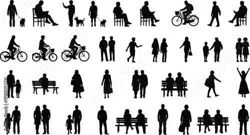 Silhouettes of people in grid, walking, sitting, cycling, with pets, social interactions, diverse postures, everyday activities, vector illustration design