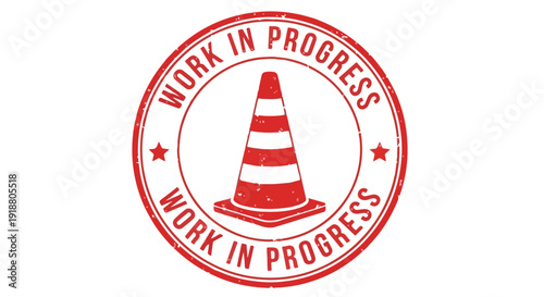 Red Work in Progress Rubber Stamp Icon with Traffic Cone on White Background