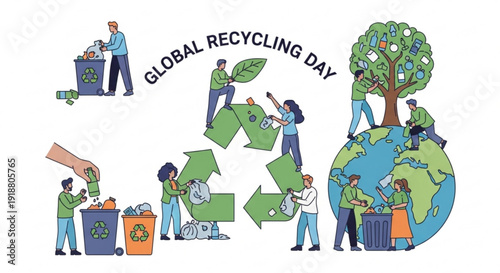 People recycling together around the world on Global Recycling Day, illustration of environmental conservation efforts