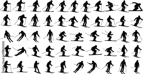 Silhouettes of skier in grid, dynamic skiing poses, standing, bending, turning, jumping, landing, motion study, winter sports, vector illustration design