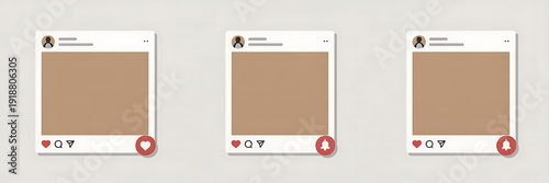 Social media post mockups with interactive elements. Three minimalist interface templates displaying engagement icons like heart and notification bell.